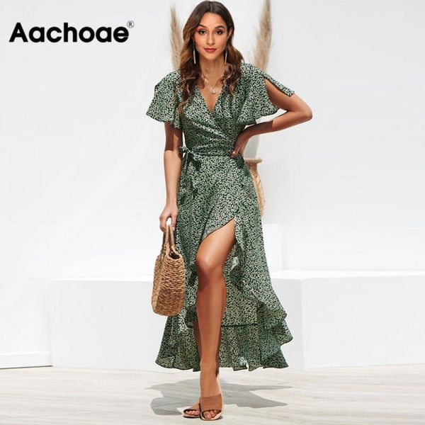 

aachoae long wrap dress summer boho style floral print maxi beach dress side split party dress sundress vestidos 210303, Black;gray