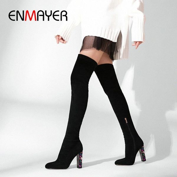 

enmayer 2019 over the knee winter boots women slip on faux suede slim boots round toe basic square heel women shoes 34 41 shoes b m9ko#, Black