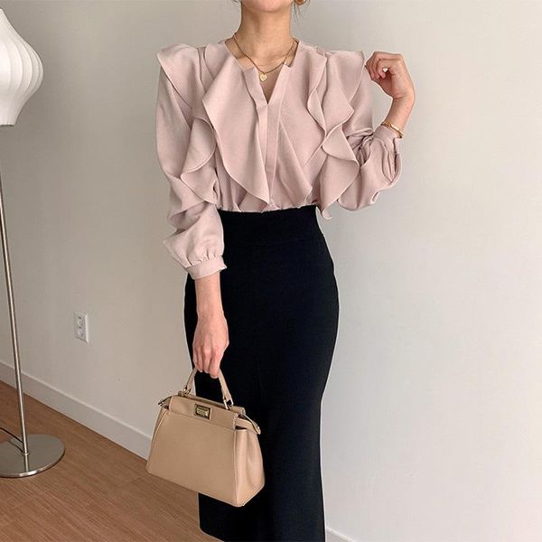 

women's blouses & shirts korean style o neck ruffle puff sleeve women simple office ladies elegant sweet blusas mujer autumn pullover b, White