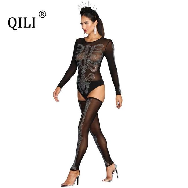 

women's jumpsuits & rompers qili women black see through mesh diamonds two piete set skeleton rhinestone long sleeve club sexy, Black;white