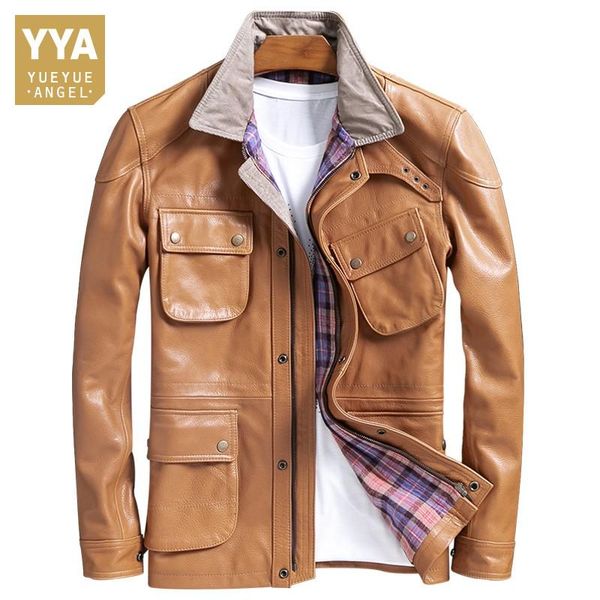 

men's leather & faux mens biker real jacket short multi-pockets slim cowhide cargo autumn winter luxury casual coat oversize 4xl, Black