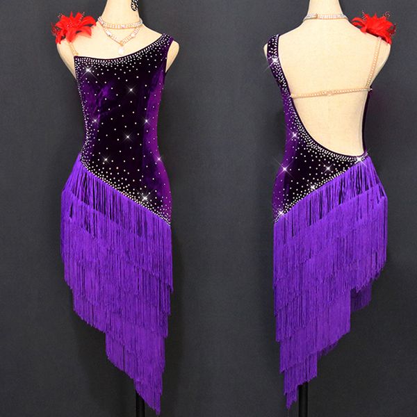 

new sparkly latin dance dresses women elegant purple velvet dress fringe dance skirt professional competitive latin dress vdb137, Black;red