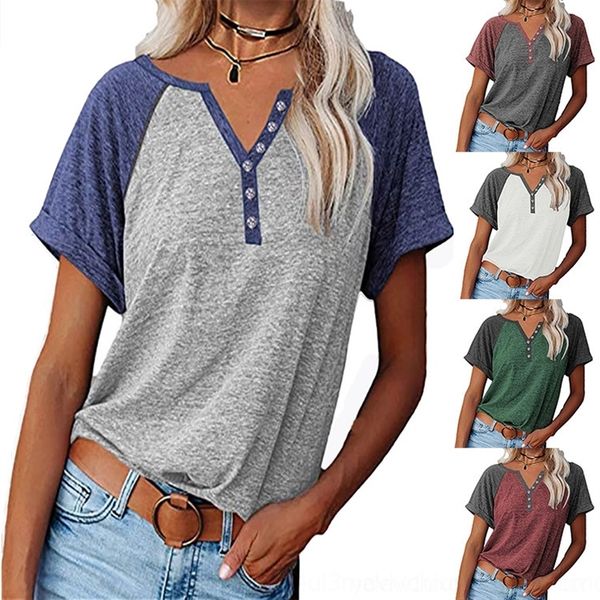 

mbb spring summer 2021women's v-neck button loose color matching short women's t-shirt pulloverpulloversleeve t-shirt, White