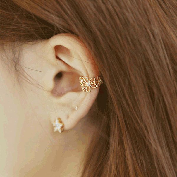 

new jewelry earrings exquisite lady flowers inlaid with diamond no ear hole ear bone clip ear hook, Golden;silver