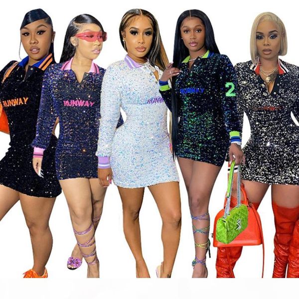 

women 3xl 4xl 5xl sequin fall mini dresses long sleeve lapel v-neck plus size bodycon dresses night club bigger size clothes 4234