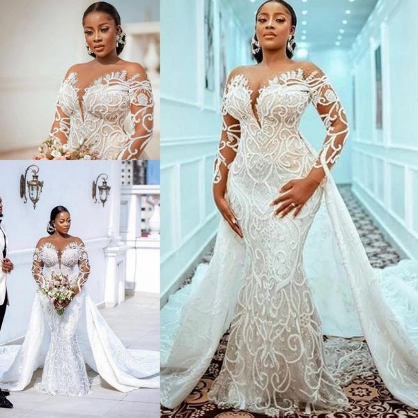 

2021 plus size wedding gowns with detachable train mermaid bridal gown beaded lace appliqued custom made robe de mariÃ©e long sleeves, White