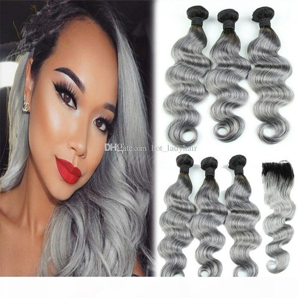 

color two tone 1b grey hair weave with closure part brazilian human hair body wave with lace closure 4x4inch 7a, Black