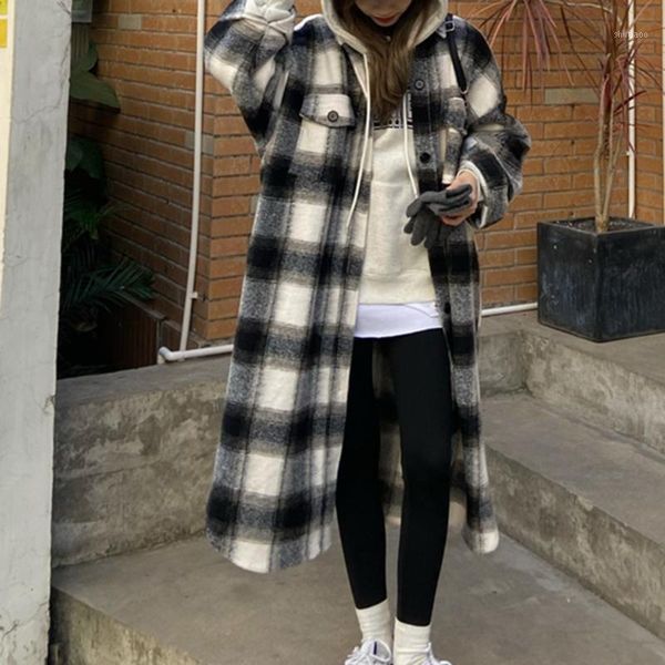 

korean version japanese overcoat autumn winter fashion loose all-match single-breasted lapel long sleeve lattice woolen coat women's wo, Black