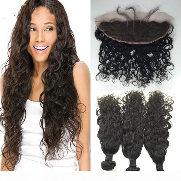 

peruvian lace frontal closure with bundles unprocessed virgin human hair water wave with 13x4 lace frontal 4pcs lot, Black