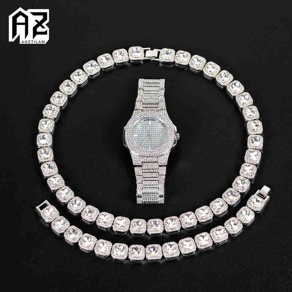 13mm de ancho una fila Bling Stone Iced Out collar pulsera reloj conjunto para hombres oro plata Color cubano mano cadena gargantilla joyería