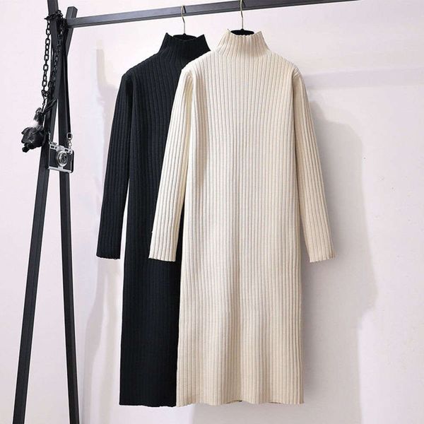 

2021sweater women's 2021 autumn and winter new half high collar knitted dress middle length over the knee small bottom, Black;gray