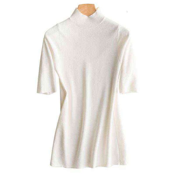 

short sleeve t-shirt women's pullover half high collar thin medium slim fit 5-sleeve sweater women, White;black