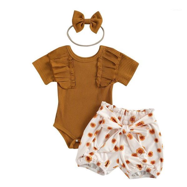 

pcs born baby girl clothes short sleeve round neck ruffle romper + printed shorts with bowknot headband clothing sets, White
