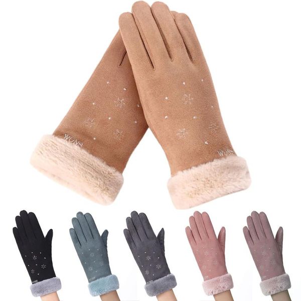 

five fingers gloves winter female plush thickened wrist warm cashmere cute cycling mittens women suede leather touch screen driving, Blue;gray