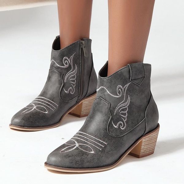 

boots zip ankle women autumn winter short high heels square heel buty damskie female floral pointed toe botas de mujer, Black