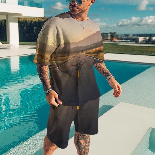 

jogging clothing summer men exquisite sunset sky pattern with sweatshirt 3d digital printing loose t-shirt + shorts two-piece sports, Black;red