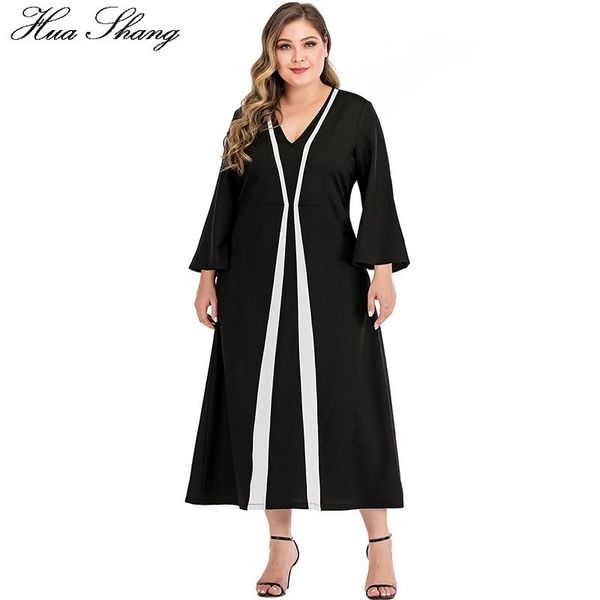

casual dresses plus size summer dress women v neck flare long sleeve white and black patchwork maxi ladies tunic, Black;gray