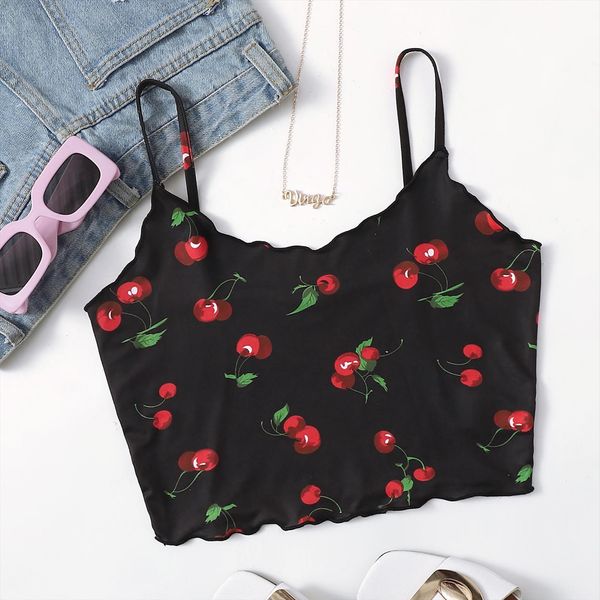 

30 harajuku summer womens tank cherry print sleeveless pullover vest crop shirts camisole spaghetti strap, White