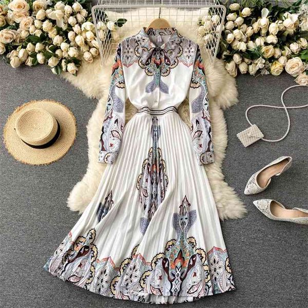 

elegant retro runway deaigner spring fall shirt dress for women women's long sleeve printted slim pleated mid-length dresses 210525, Black;gray