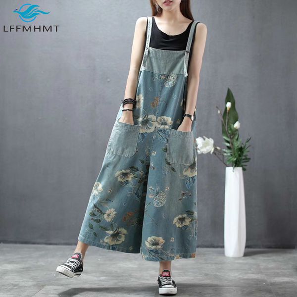 

2021 new spring summer vintage floral print large size casual denim wide leg ankle length female trendy retro overalls 6e6o, Blue