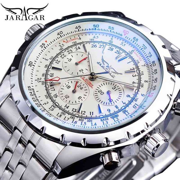 

jaragar white dial automatic watch complete calendar silver stainless steel luminous business sport mechanical date wristwatch