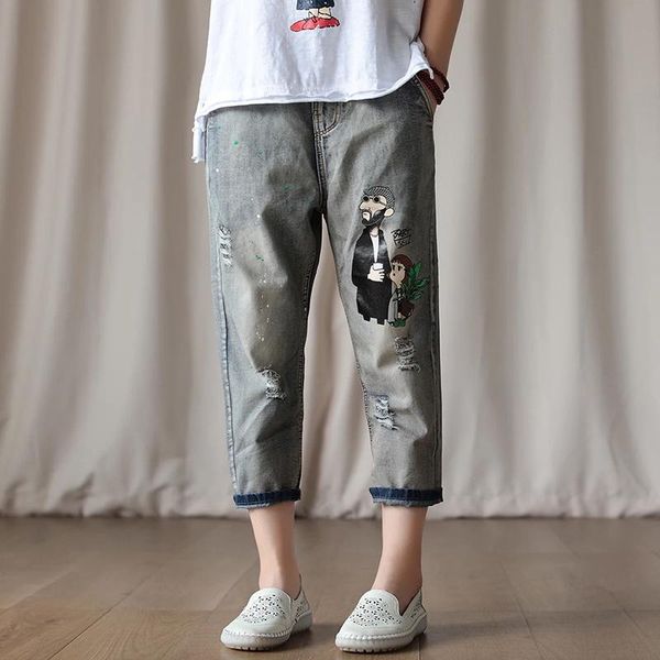 

women's jeans summer arts style women vintage calf-length cotton denim harem pants cartoon print elastic waist loose s832, Blue
