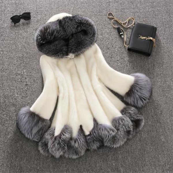 

women's trench coats 2021 imitation water mink coat fur in the long section with a cap, Tan;black