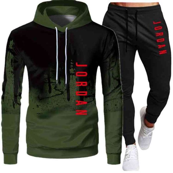 

new autumn winter sports pullover long sve loose hoodie men's printed sweater set, Black