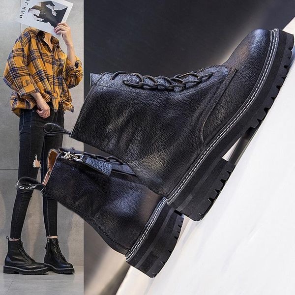 

boots female leather 2021 european and american retro student winter women, Black