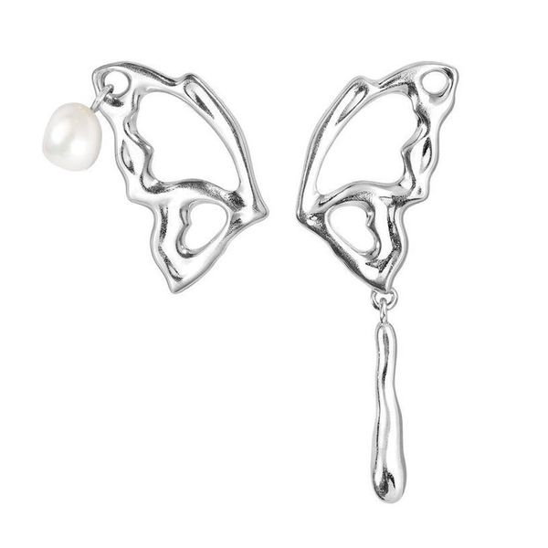 

original 925 silver texture butterfly earrings women's asymmetric design simple pearl earrings earrings, Golden;silver