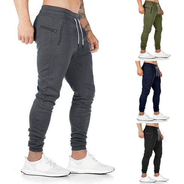 

new jogging pants men's sports running pants men autumn winter drawstring tights zip pockets gym sportswear trousers, Black