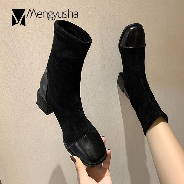 

boots 2021 riding women patchwork flock&pu leather sock bottes female square toe chunky high heels fashion botas woman shoes, Black