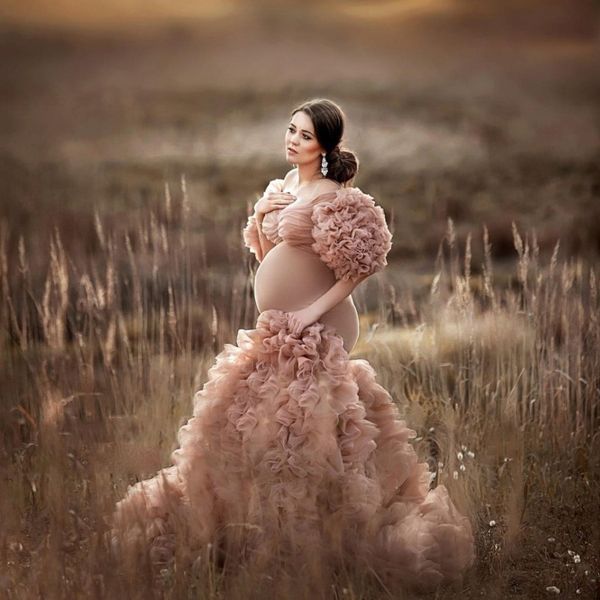 Wunderschöne Trompeten-Abendkleider für Schwangere, Rüschen, Tüll, halbe Ärmel, Meerjungfrau, langes Damenkleid, Fotografie-Roben, Babyparty-Kleider