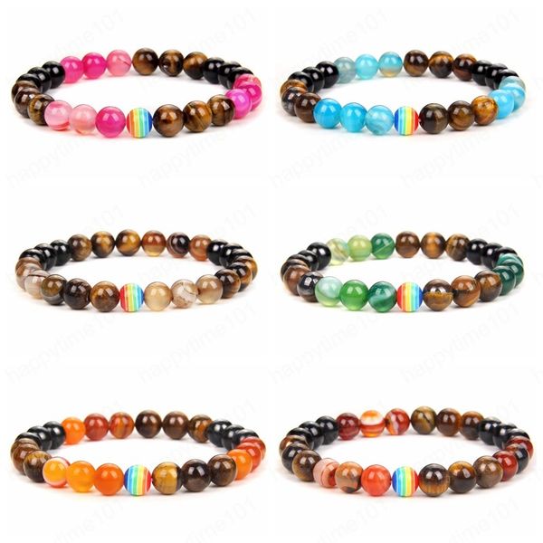 Braccialetti di perline arcobaleno Gioielli per amanti fortunati per donna Uomo Rotondo naturale Agate colorate a strisce Occhio di tigre Braccialetto di perline di pietra Regalo