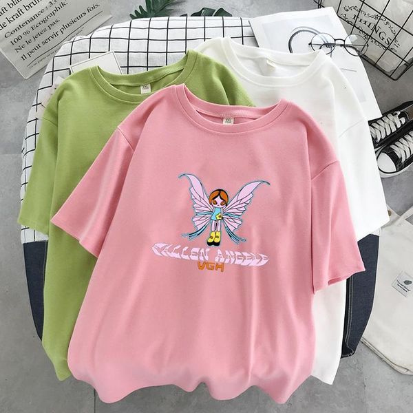 

girl punk style butterfly graphic and letter printing stitch green y2k summer punk style o-neck short sleeve t-shirts, White