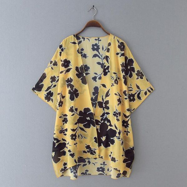 

women's swimwear floral women chiffon front open short sleeve coverup anti-uv cardigan blouse, White;black