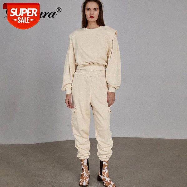 

dulzura cotton women 2 piece set lantern sleeve shoulder pad pullover sweatshirt sweatpants jogger tracksuit 2020 autumn winter #we6d, White