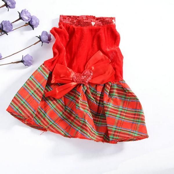 

dog apparel cat dresses christmas princess party red sequins dress clothes pet plaid bow
