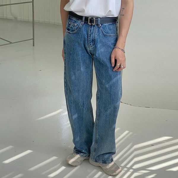 

men's jeans 2021 korean versatile loose slim medium high waist long straight pants solid blue zipper casual trousers tide