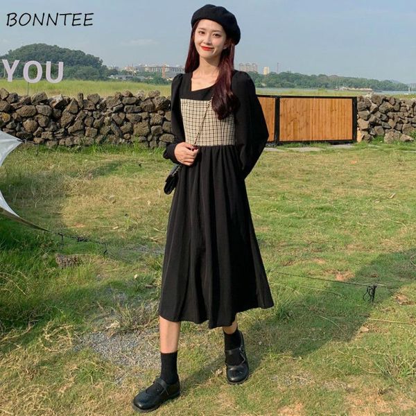 

casual dresses dress womens long sleeve autumn patchwork square collar french korean style maxi ulzzang plus size 3xl trendy holiday, Black;gray