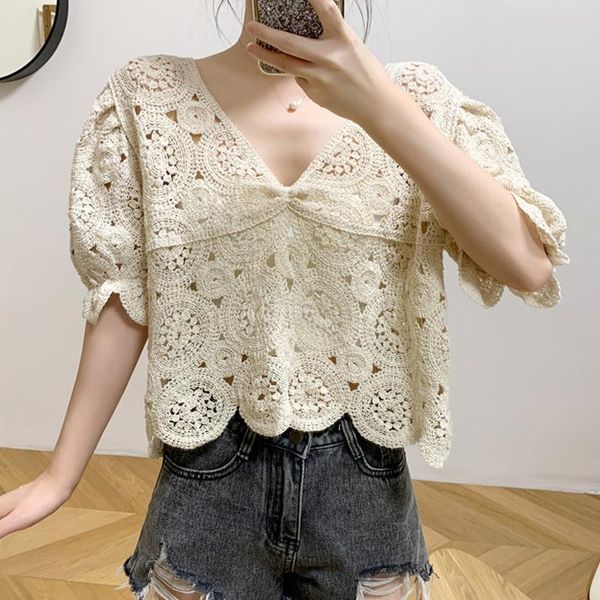 

2021 korean elegant embroidery summer lace shirt blouses women crop short sleeve floral print white lace women blouses