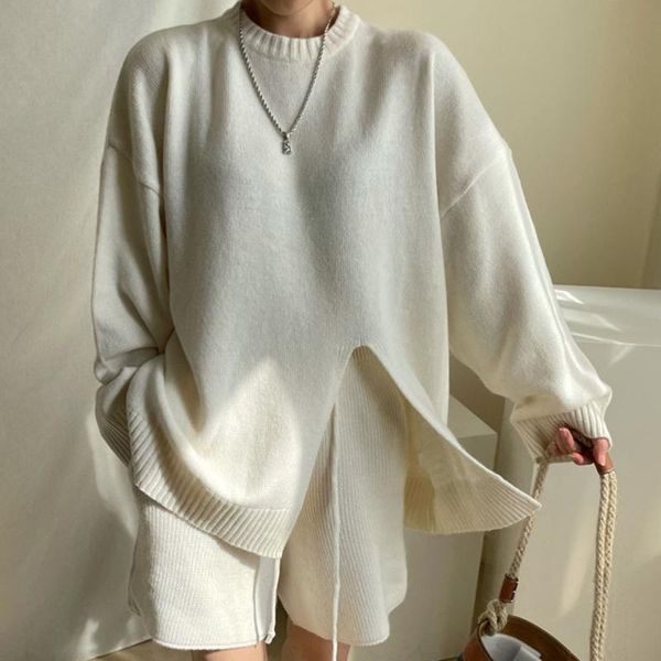 

women's tracksuits 2021 autumn winter fashion women two piece sets solid color split fork round neck long sleeve simplicity knitted sui, Gray