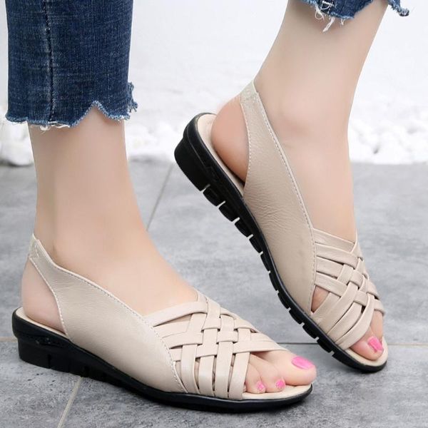

vintage summer women shoes leather flat sandals lady open toe mother wedges shoes casual sandals plus size, Black