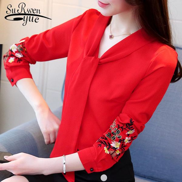 

women's blouses & shirts 2021 office lady shirt women blouse long sleeve embroidery clothing plus size chiffon blusas d559 30, White