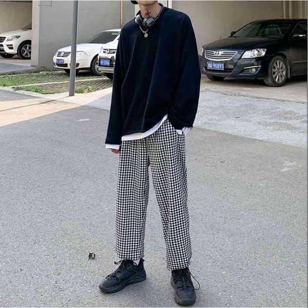 

men's pants korean plaid fashion retro casual straight men streetwear wild loose hip-hop wide legs trousers mens m-xl zan5, Black