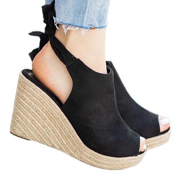 

slippers summer woman sandals wedges peep toe ankle strap plantform solid females casual flock toes ladies shoes 2021 rubber, Black