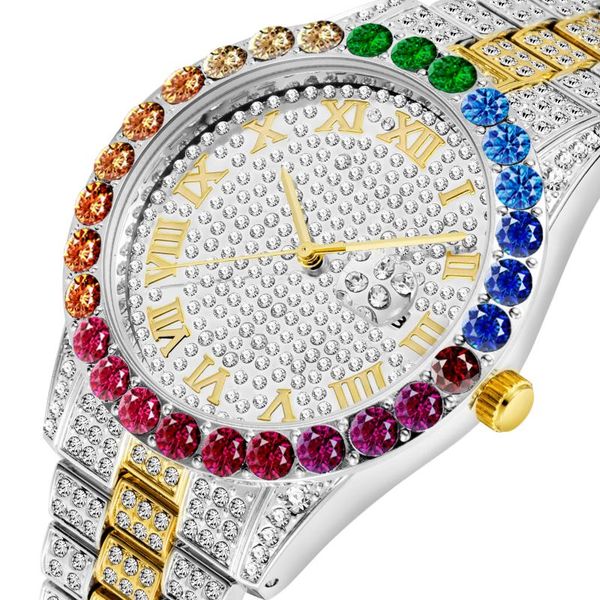 

wristwatches missfox 18k gold plating japan quartz movement auto date calendar xfcs rainbow diamond bezel richard luxury men watches, Slivery;brown