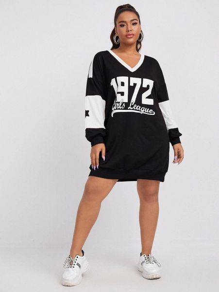 

plus contrast panel letter graphic sweatshirt dress i8xr#, Black