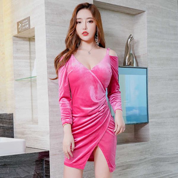 

luxury party evening dress autumn nightclub women's v-neck long sleeve short skirt veet slim wrap hip drs, Black