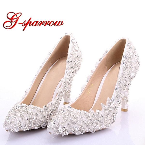 

rhinestone formal dress shoes high heel thin heel bride shoes pointed toe wedding party beautiful girl ceremony shoe, Black